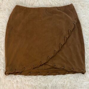 Express tan faux suede mini wrap skirt with rivet and ribbon detail, size medium